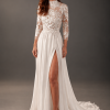 Florence high neck lace wedding gown by Lalunah featuring botanical lace and a flowing satin skirt