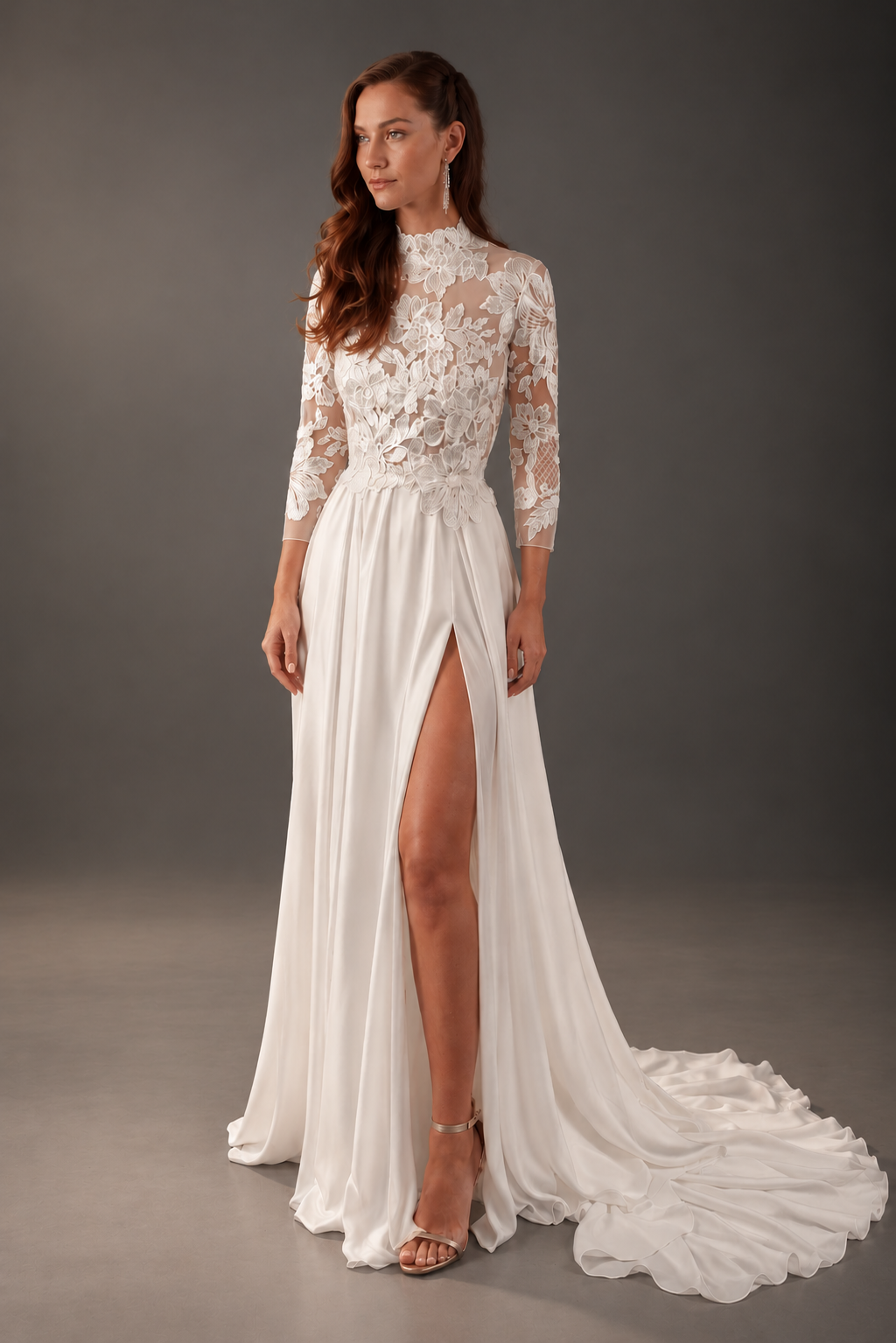 Florence high neck lace wedding gown by Lalunah featuring botanical lace and a flowing satin skirt