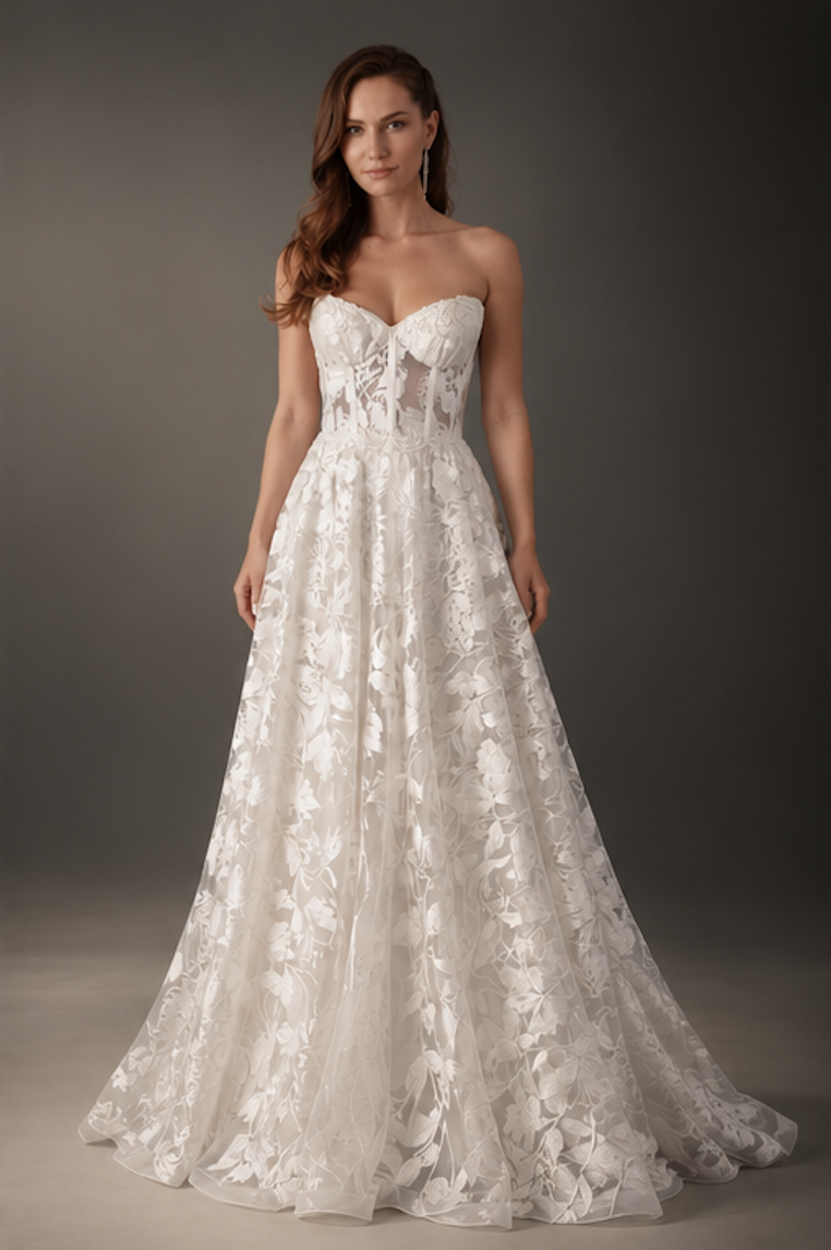 Antonina botanical lace princess wedding gown by Lalunah with sweetheart corset and full embroidered skirt